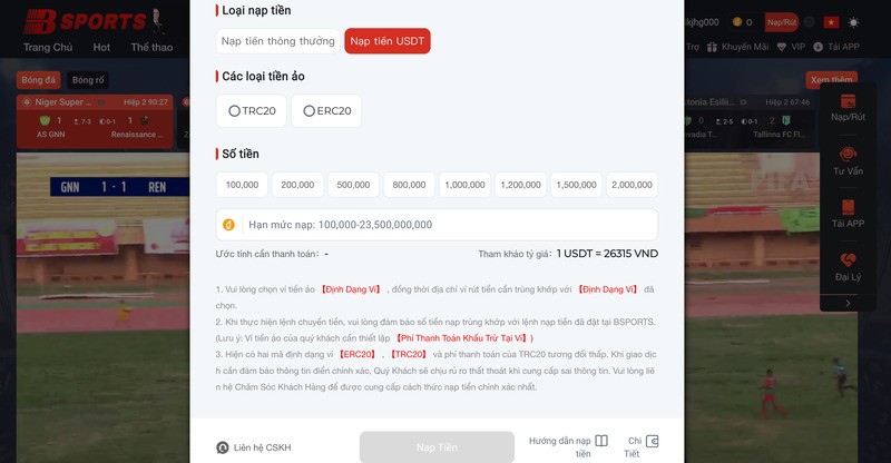 Bsport còn hỗ trợ nạp tiền bằng USDT